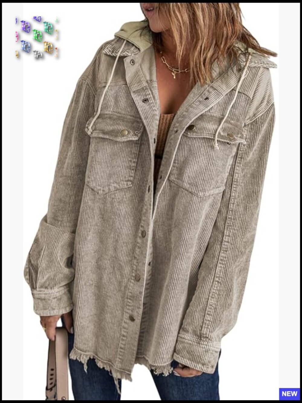 Corduroy Shacket Jacket Long Sleeve Button Down Hooded Color Block with Pockets